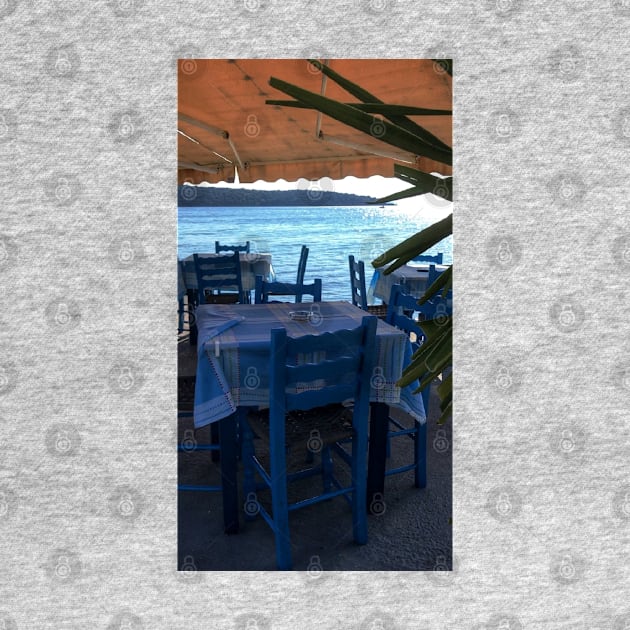 Scenic view on Mediterranean sea from Greek restaurant with blue chairs by Khala